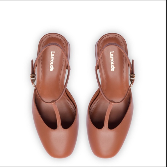 Larroude Pixie Platform Pump in Caramel Tan Leather T Strap Chunky Heel 9.5 NWOB - Picture 4 of 15